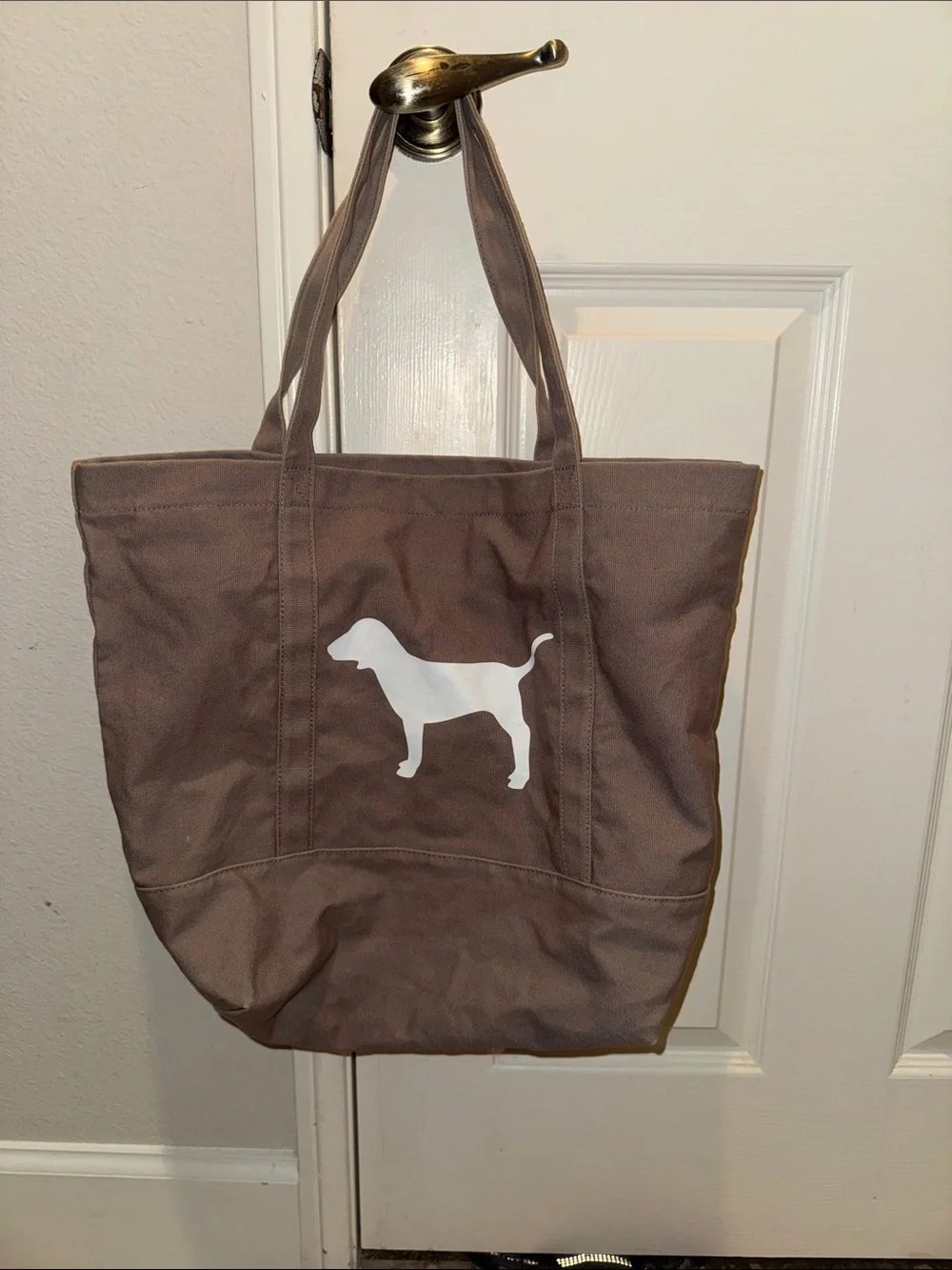 PINK Victoria's Secret Brown Canvas Tote with White Dog Graphic